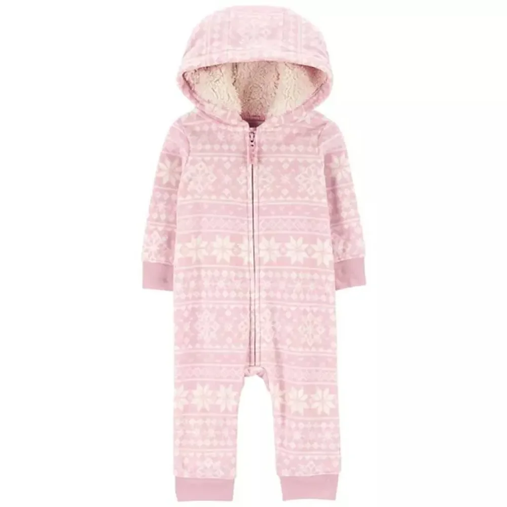 NWT Carters Girls Pink Snowflake One Piece Fleece Jumpsuit Size 24 Months